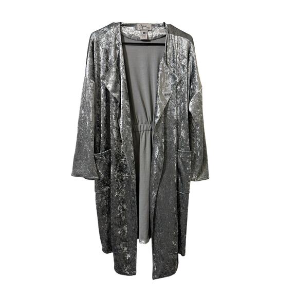 Vtg Spoon Brand Cardigan Women M Silver Velvet Open Front Waterfall Duster Pockt - Picture 1 of 8